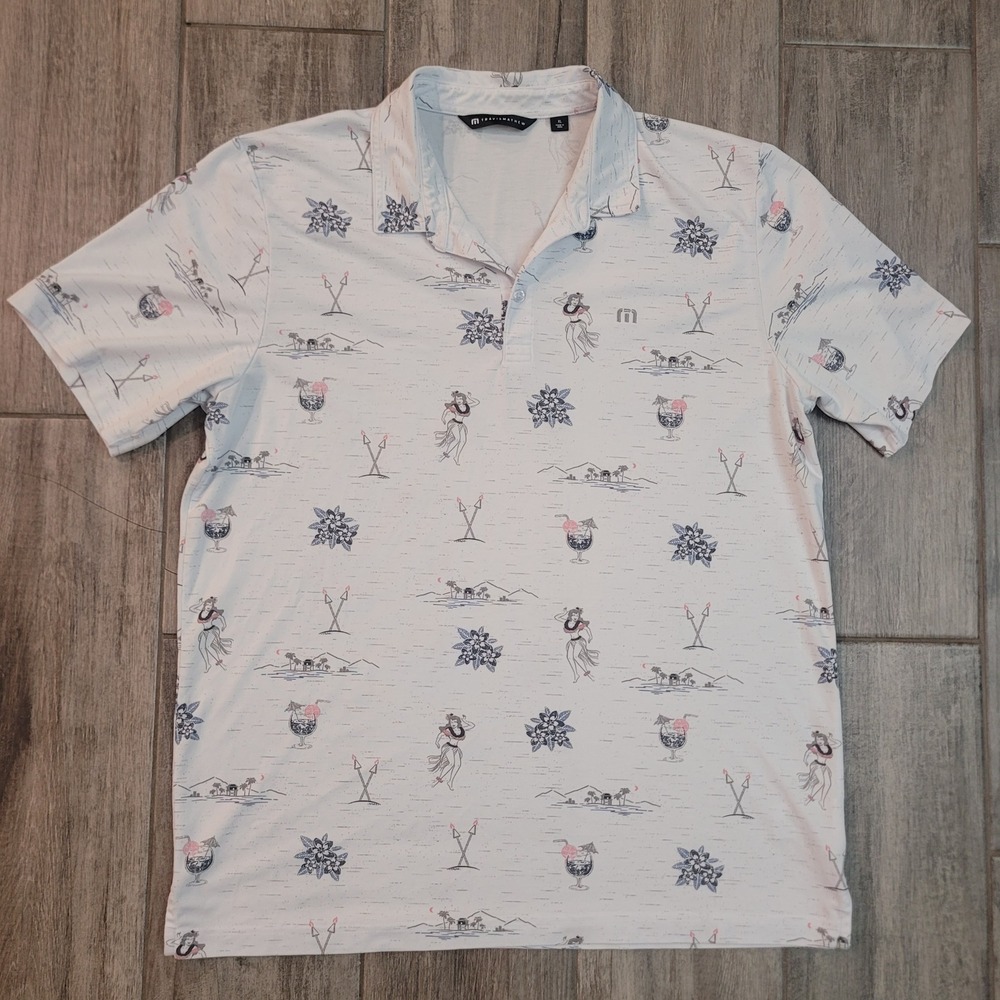 TravisMathew Size XL Polo Shirt Mens White Hula Girl Tropical Quivira Golf Club